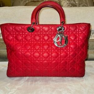 Dior Red Quilted Tote with Silver Accents